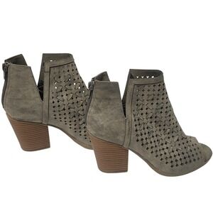 Maurices Womens Taupe Gray Laser Cut Open Toe Block Heel Booties Side Cutout 8
